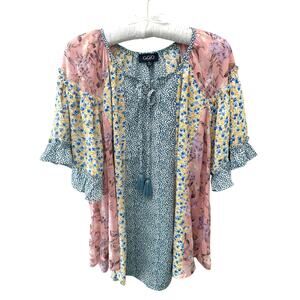 GIGIO | Mixed Print Floral Boho Top Tassel Tie Blouse Cottagecore | Medium